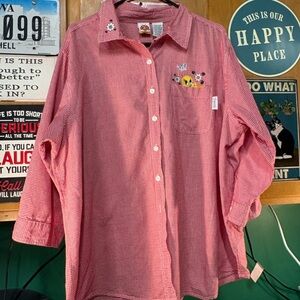 Relaxed Red Gingham Button-Up Blouse with Embroidered Pocket